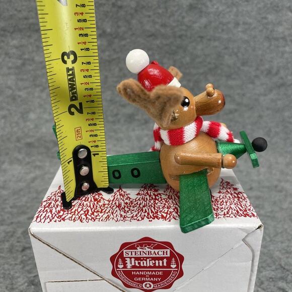Vintage Steinbach Handcrafted Wood Christmas Ornament Moose Flying Plane Germany - Picture 6 of 8